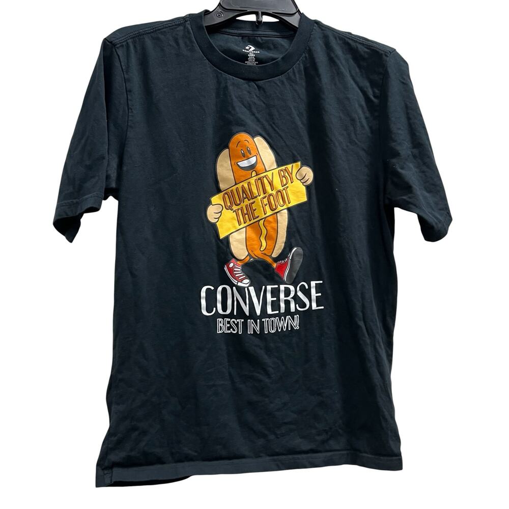 Converse black "Quality by the Foot" graphic hot dog wearing sneakers Tee sz S
